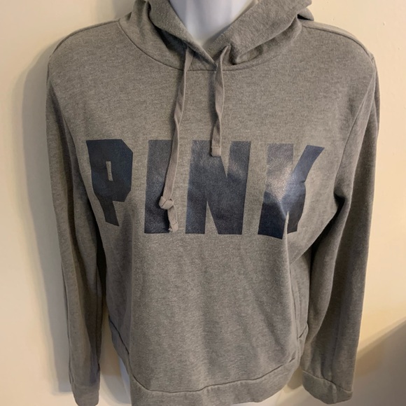 PINK Victoria's Secret Junior’s Size Small Gray Short Waist Hooded Sweatshirt - Picture 3 of 8